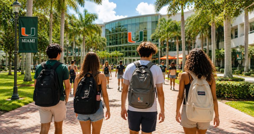 College kids walking on the campus of the University of Miami
